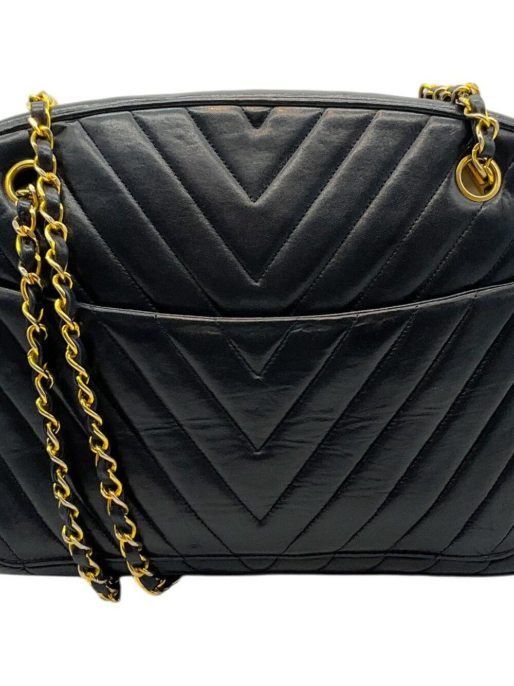 Chanel Vintage Black Leather Chevron Stitched Shoulder Bag